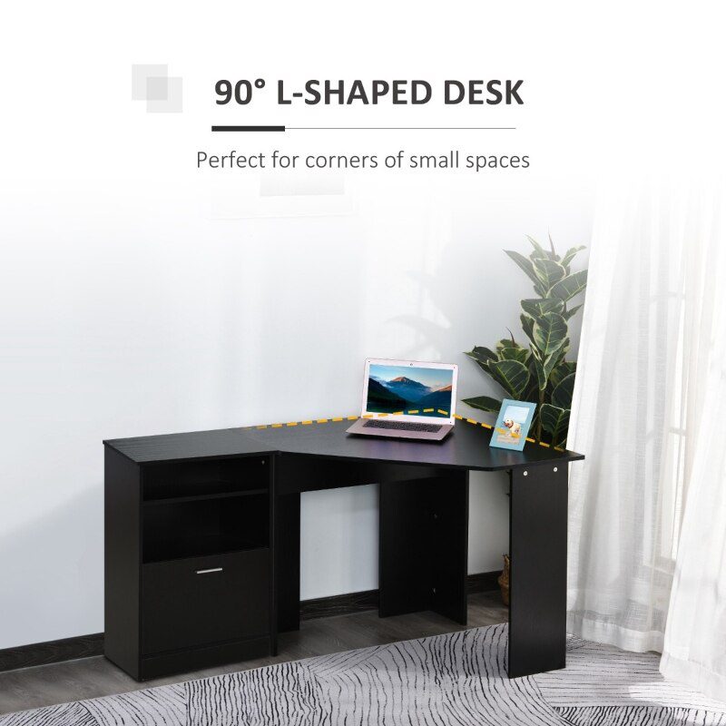 Computer Desk with Printer Cabinet, L-Shaped Corner Desk with Storage, Study PC Workstation for Home Office, Black