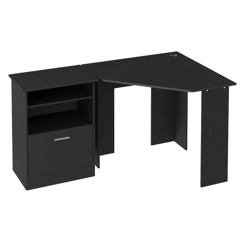 Computer Desk with Printer Cabinet, L-Shaped Corner Desk with Storage, Study PC Workstation for Home Office, Black