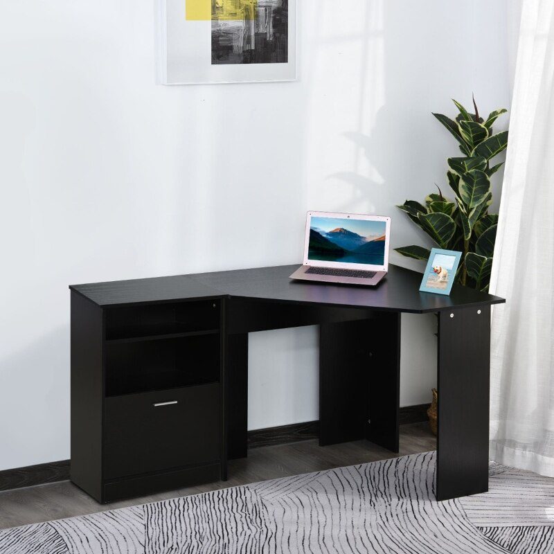 Computer Desk with Printer Cabinet, L-Shaped Corner Desk with Storage, Study PC Workstation for Home Office, Black