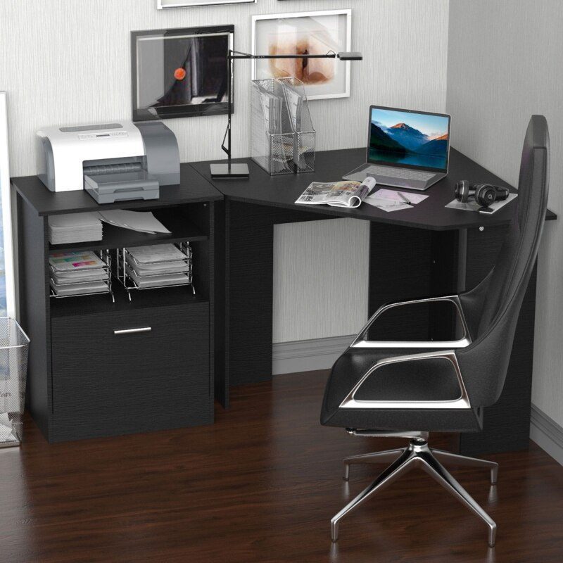 Computer Desk with Printer Cabinet, L-Shaped Corner Desk with Storage, Study PC Workstation for Home Office, Black