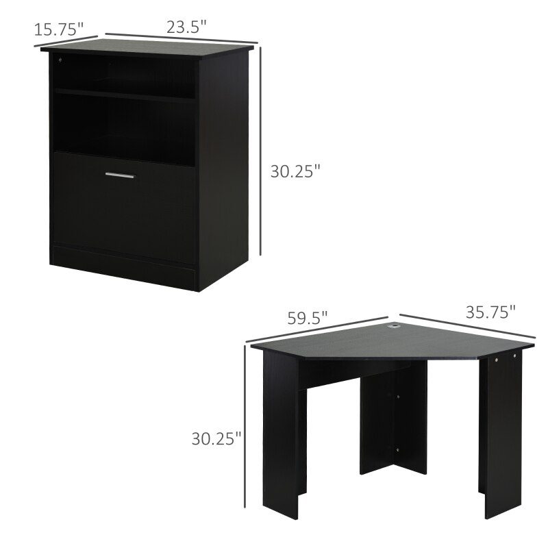 Computer Desk with Printer Cabinet, L-Shaped Corner Desk with Storage, Study PC Workstation for Home Office, Black