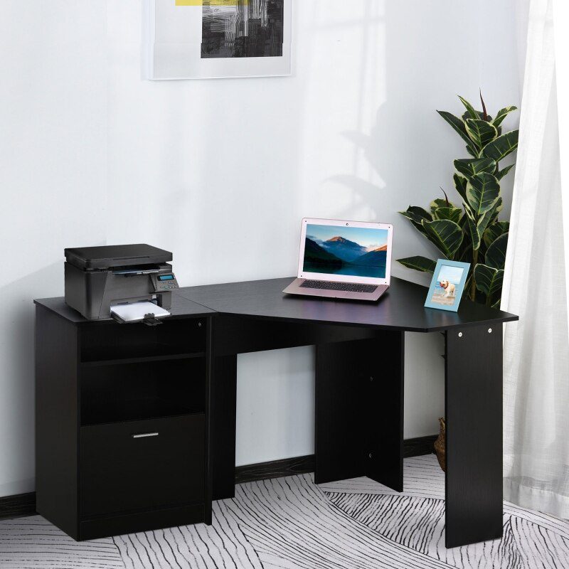 Computer Desk with Printer Cabinet, L-Shaped Corner Desk with Storage, Study PC Workstation for Home Office, Black