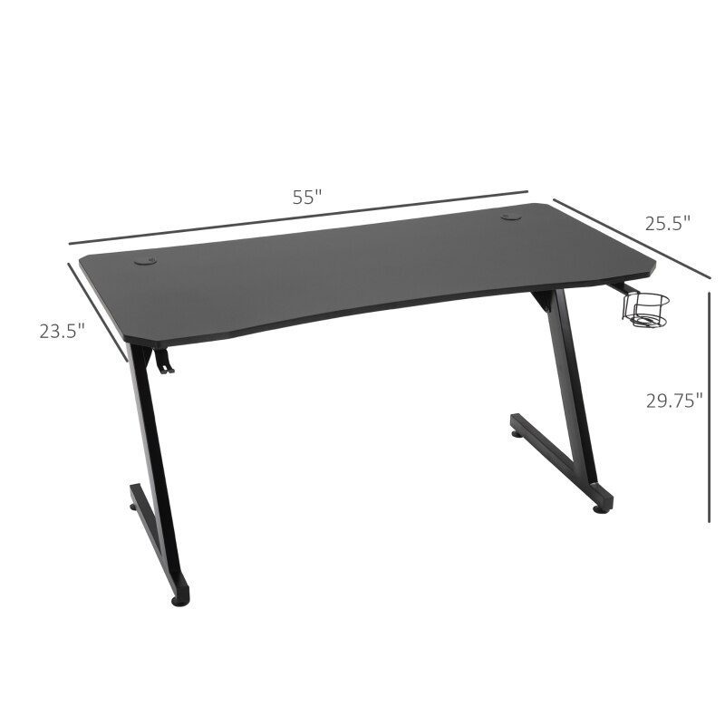 55" Gaming Desk Home Office Computer Desk Gamer Workstation with Cup Holder, Headphone Hook and Cable Management, Black