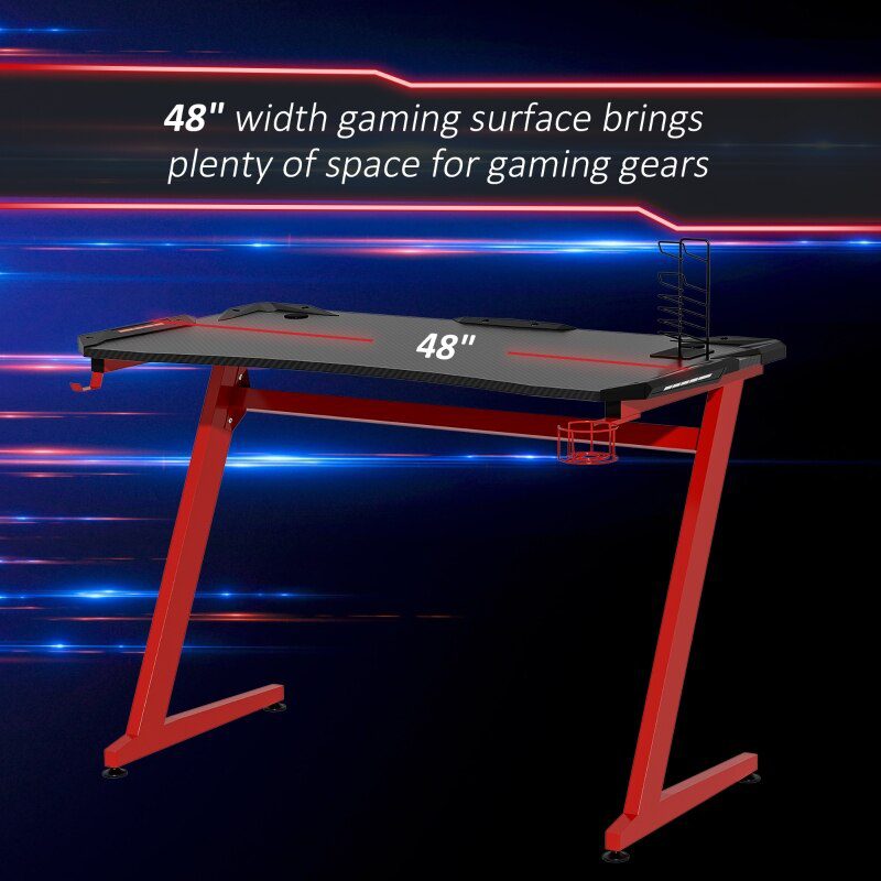 48 Inch Gaming Desk with Large Tabletop, Racing Computer Desk with Cup Holder and Headphone Hook, Black/Red