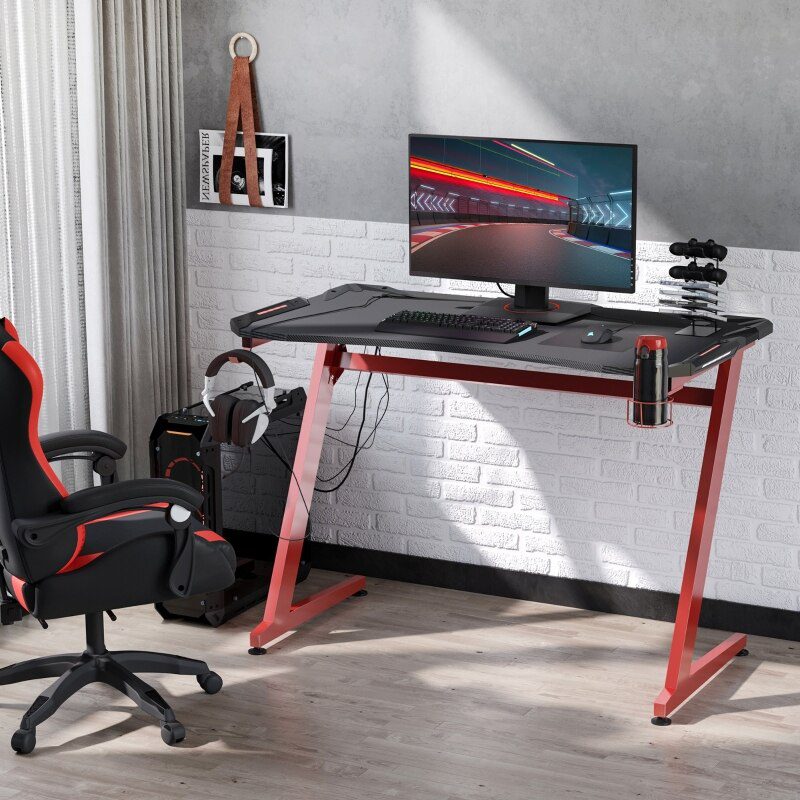 48 Inch Gaming Desk with Large Tabletop, Racing Computer Desk with Cup Holder and Headphone Hook, Black/Red