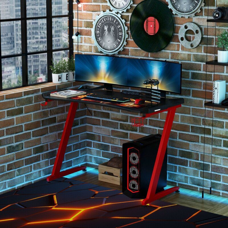 48 Inch Gaming Desk with Large Tabletop, Racing Computer Desk with Cup Holder and Headphone Hook, Black/Red