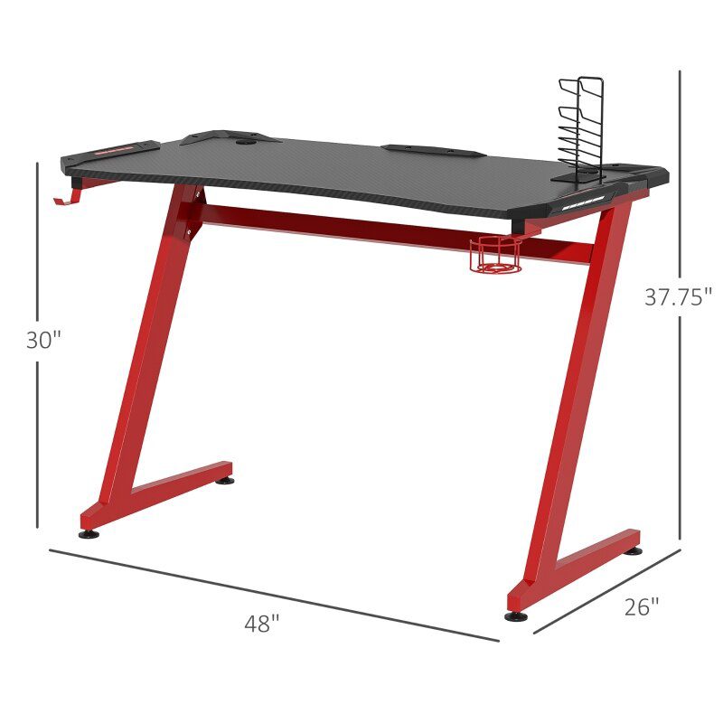 48 Inch Gaming Desk with Large Tabletop, Racing Computer Desk with Cup Holder and Headphone Hook, Black/Red