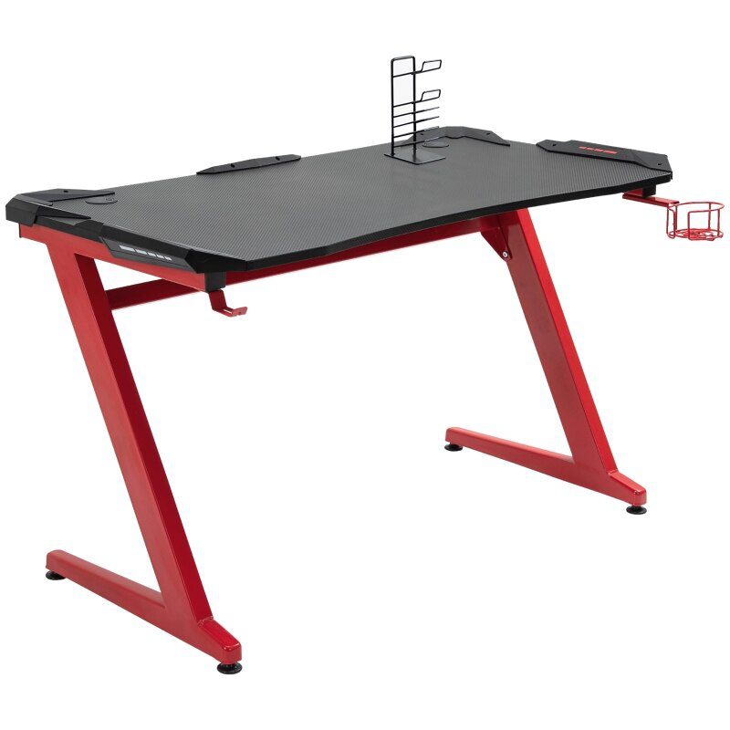 48 Inch Gaming Desk with Large Tabletop, Racing Computer Desk with Cup Holder and Headphone Hook, Black/Red