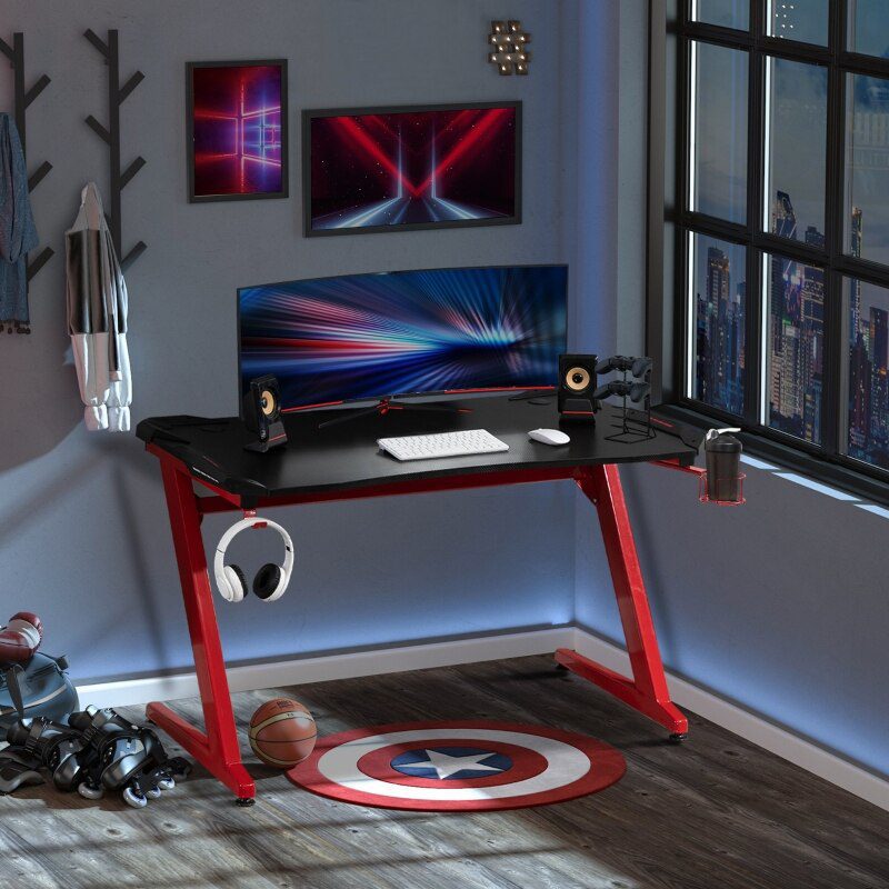 48 Inch Gaming Desk with Large Tabletop, Racing Computer Desk with Cup Holder and Headphone Hook, Black/Red