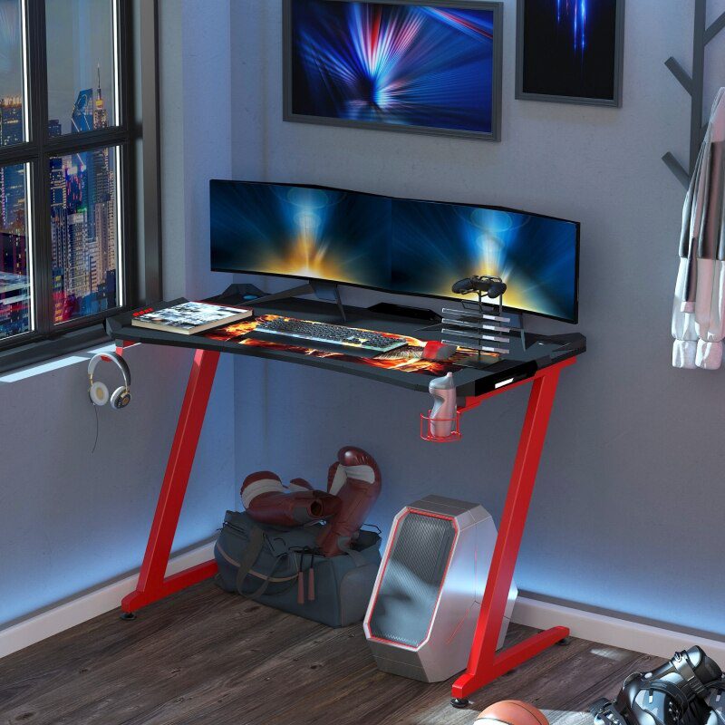 48 Inch Gaming Desk with Large Tabletop, Racing Computer Desk with Cup Holder and Headphone Hook, Black/Red