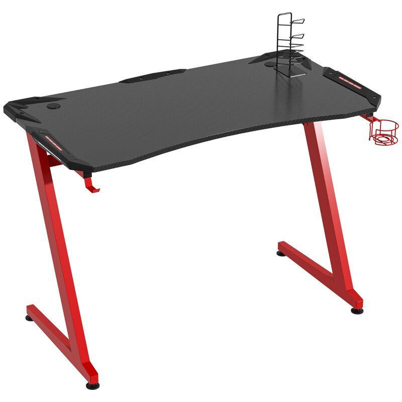 48 Inch Gaming Desk with Large Tabletop, Racing Computer Desk with Cup Holder and Headphone Hook, Black/Red