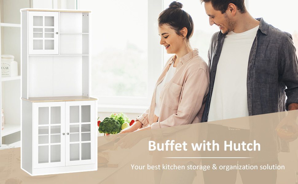 Kitchen Buffet with Hutch, Storage Pantry with 3 Cabinets, 2 Open Shelves and Large Countertop, White