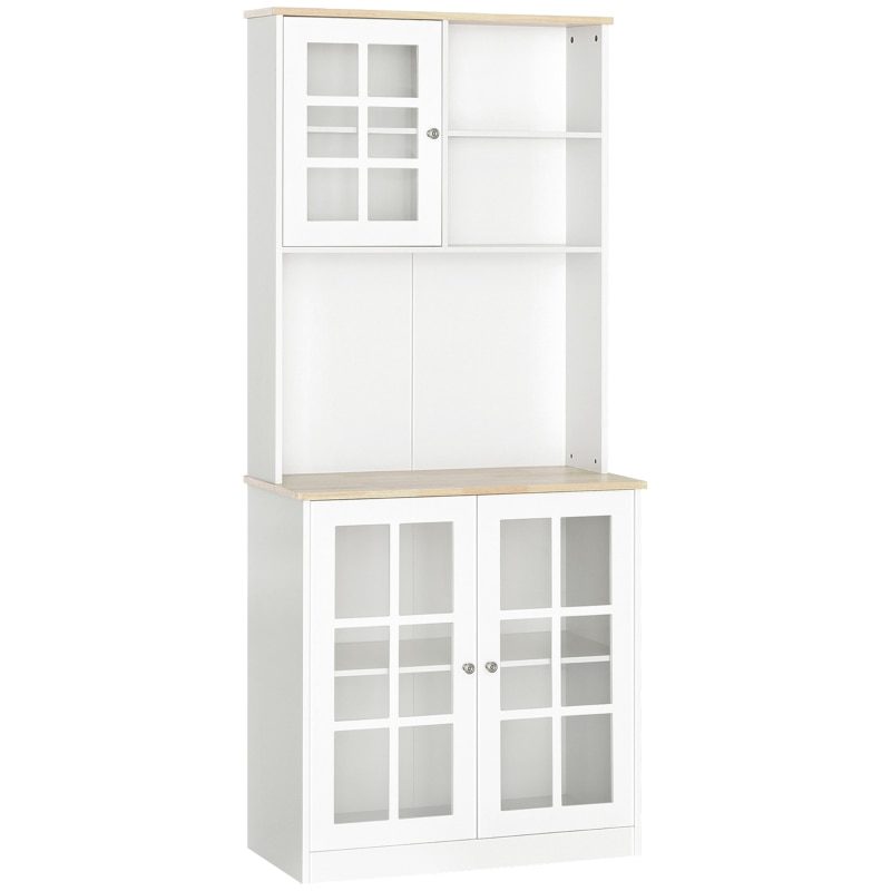 Kitchen Buffet with Hutch, Storage Pantry with 3 Cabinets, 2 Open Shelves and Large Countertop, White