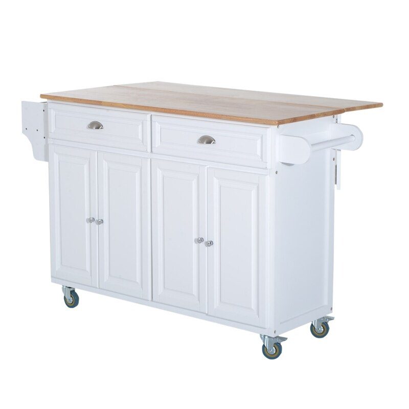 Rolling Kitchen Island on Wheels Ultility Cart with Drop-Leaf and Rubber Wood Countertop, Storage Drawer, Door Cabinet, White