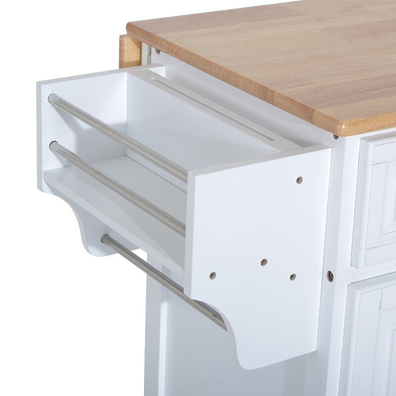 Rolling Kitchen Island on Wheels Ultility Cart with Drop-Leaf and Rubber Wood Countertop, Storage Drawer, Door Cabinet, White