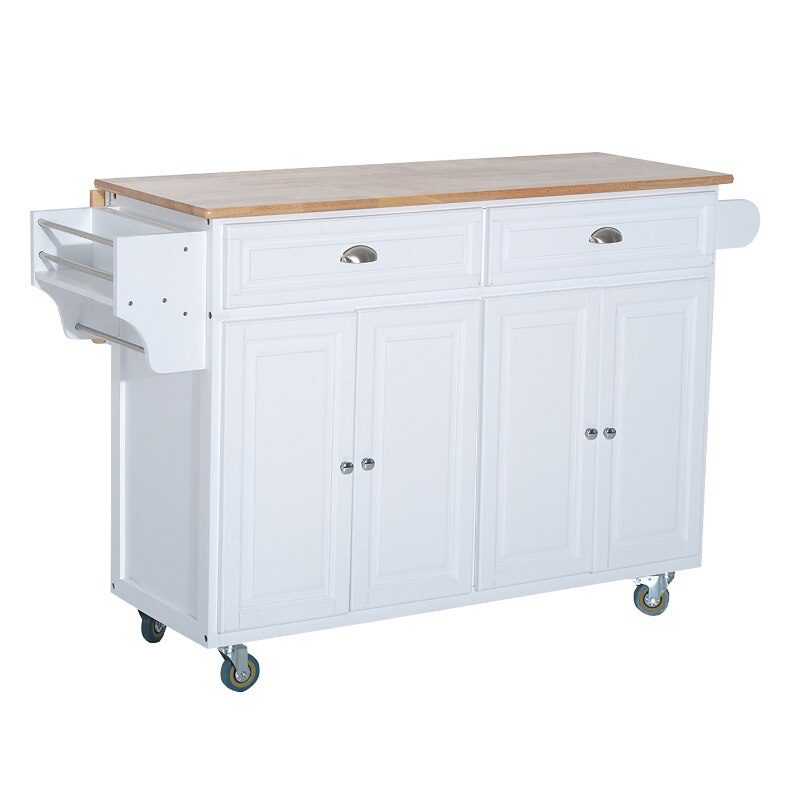 Rolling Kitchen Island on Wheels Ultility Cart with Drop-Leaf and Rubber Wood Countertop, Storage Drawer, Door Cabinet, White