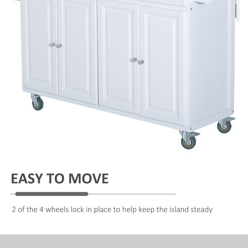 Rolling Kitchen Island on Wheels Ultility Cart with Drop-Leaf and Rubber Wood Countertop, Storage Drawer, Door Cabinet, White