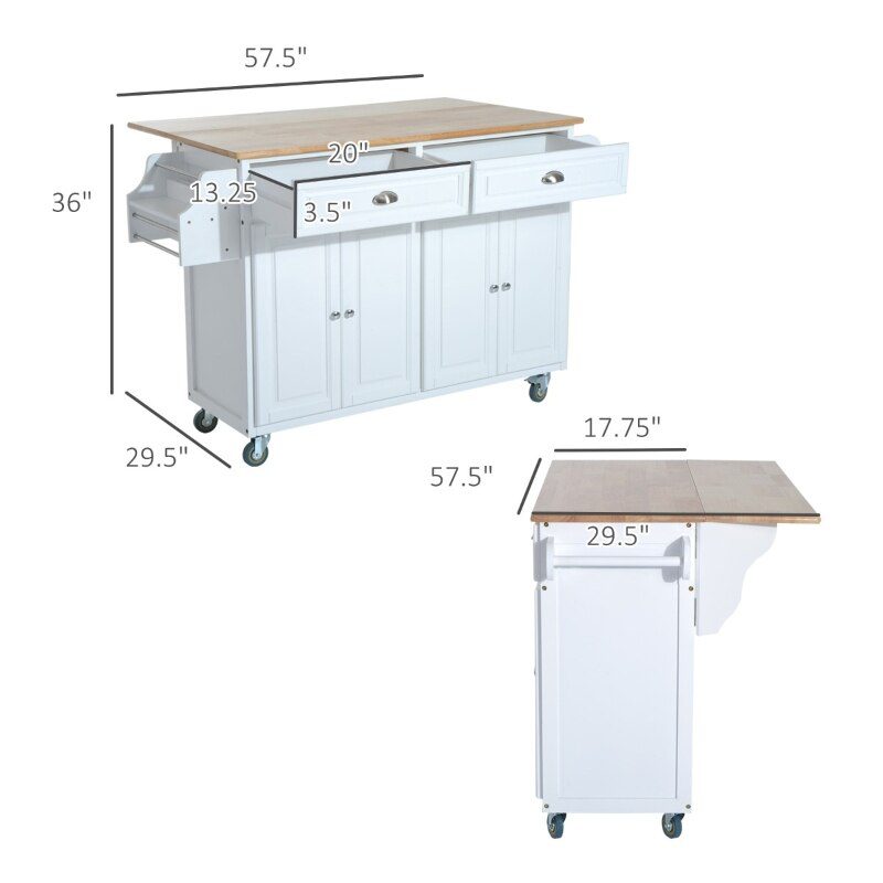 Rolling Kitchen Island on Wheels Ultility Cart with Drop-Leaf and Rubber Wood Countertop, Storage Drawer, Door Cabinet, White