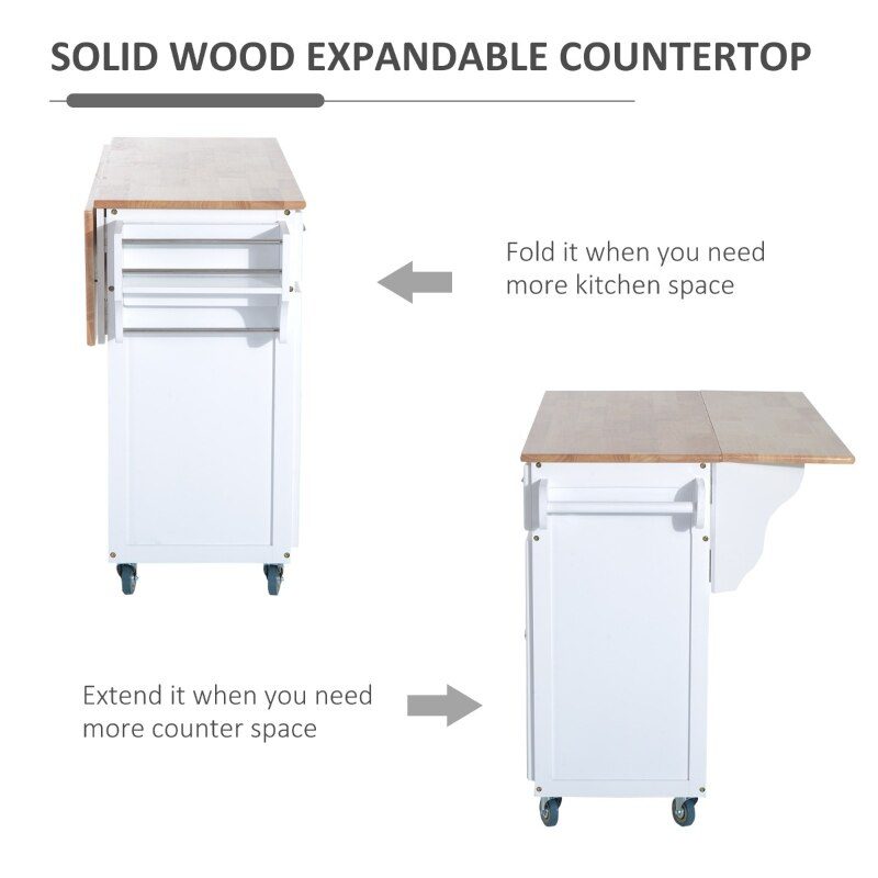 Rolling Kitchen Island on Wheels Ultility Cart with Drop-Leaf and Rubber Wood Countertop, Storage Drawer, Door Cabinet, White