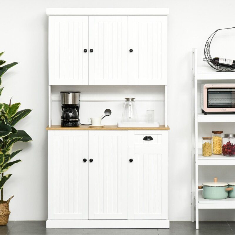 White Storage Cabinet 71" Kitchen Sideboard Self-Service Kitchen Pantry with Microwave Stand with Drawer, White/Oak High Gloss
