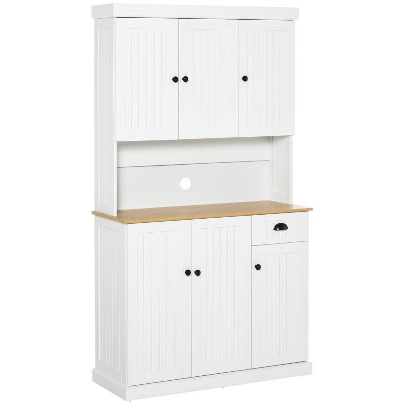 White Storage Cabinet 71" Kitchen Sideboard Self-Service Kitchen Pantry with Microwave Stand with Drawer, White/Oak High Gloss