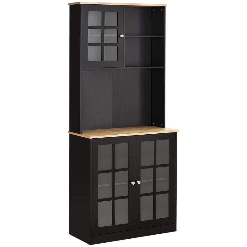 Black Kitchen Buffet with Hutch, Storage Pantry with 3 Cabinets, 2 Open Shelves and Large Countertop