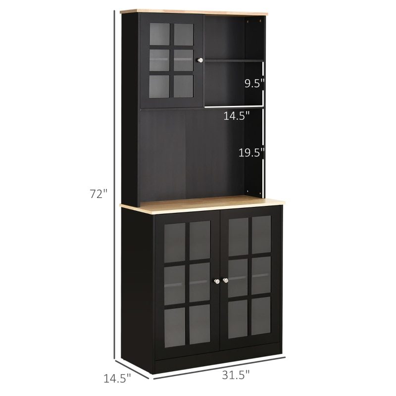 Black Kitchen Buffet with Hutch, Storage Pantry with 3 Cabinets, 2 Open Shelves and Large Countertop