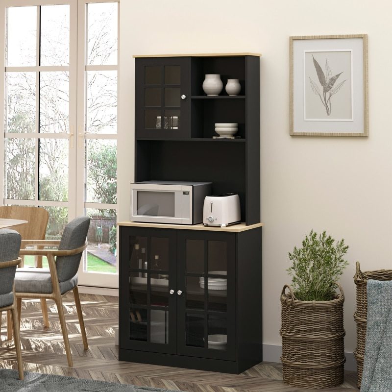 Black Kitchen Buffet with Hutch, Storage Pantry with 3 Cabinets, 2 Open Shelves and Large Countertop