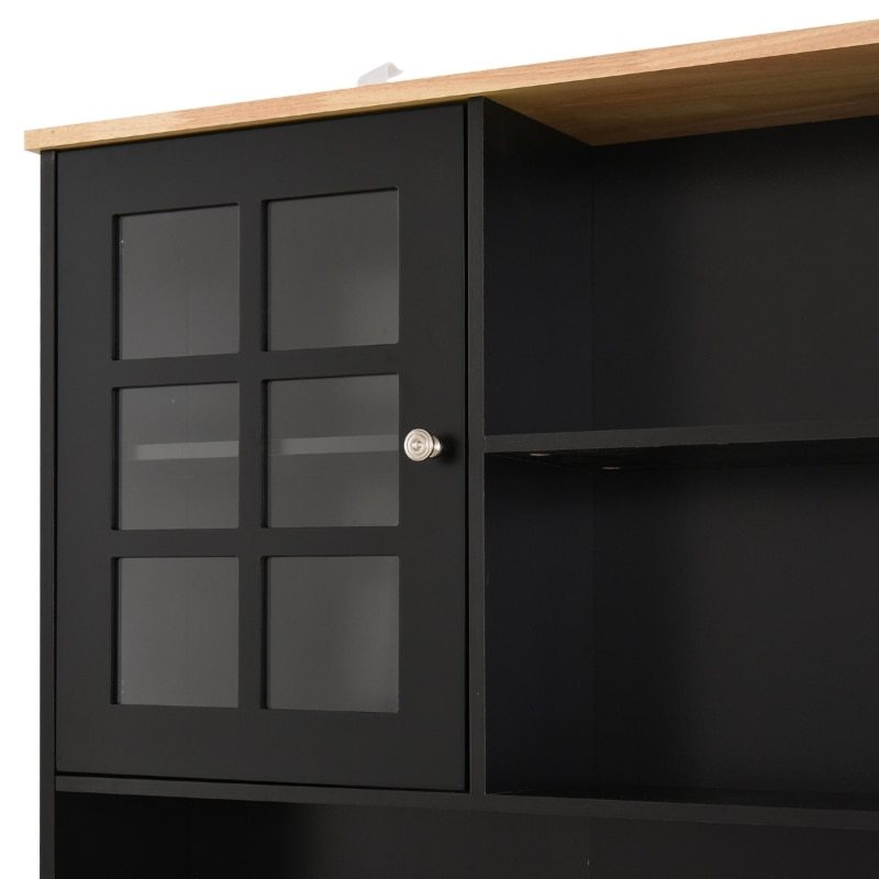 Black Kitchen Buffet with Hutch, Storage Pantry with 3 Cabinets, 2 Open Shelves and Large Countertop