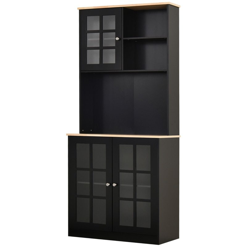 Black Kitchen Buffet with Hutch, Storage Pantry with 3 Cabinets, 2 Open Shelves and Large Countertop