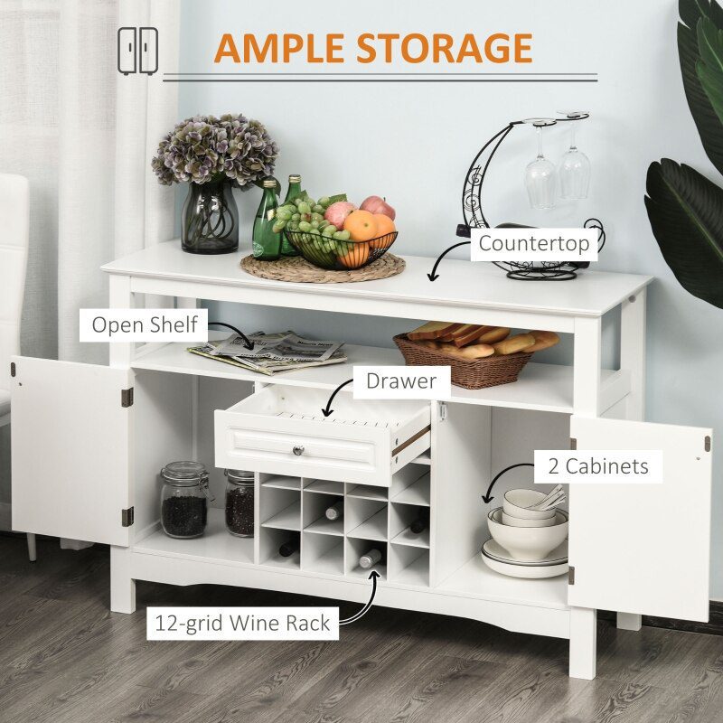 Modern Kitchen Buffet Bar Cabinet Storage Sideboard Dining Server with Drawer & 12-Bottle Wine Rack for Living Room, White