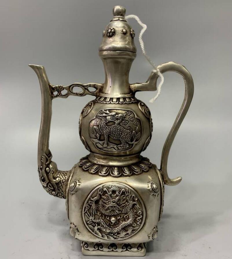 China White copper gourd shape dragon teapot crafts statue