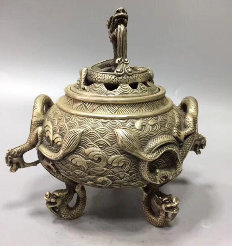 China White copper double dragon ear incense burner crafts statue