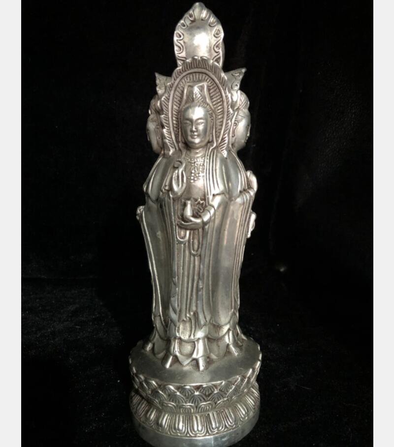 Chinese White copper four surface Goddess of mercy Buddha crafts statue