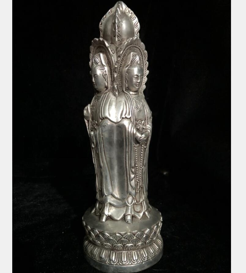 Chinese White copper four surface Goddess of mercy Buddha crafts statue