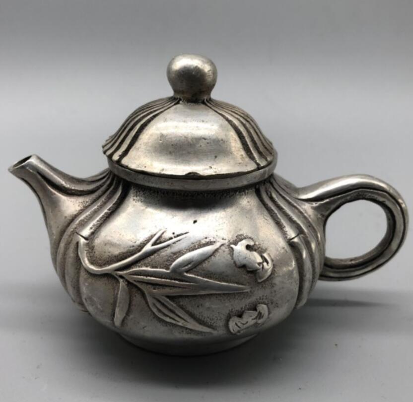 China White copper Bamboo leaves teapot crafts statue