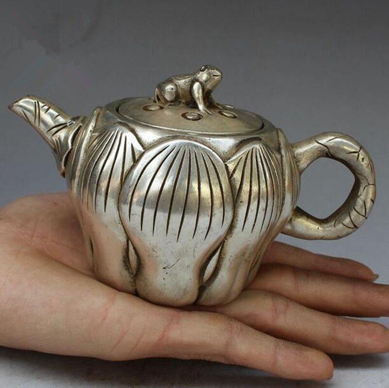 China White copper frog lotus teapot crafts statue