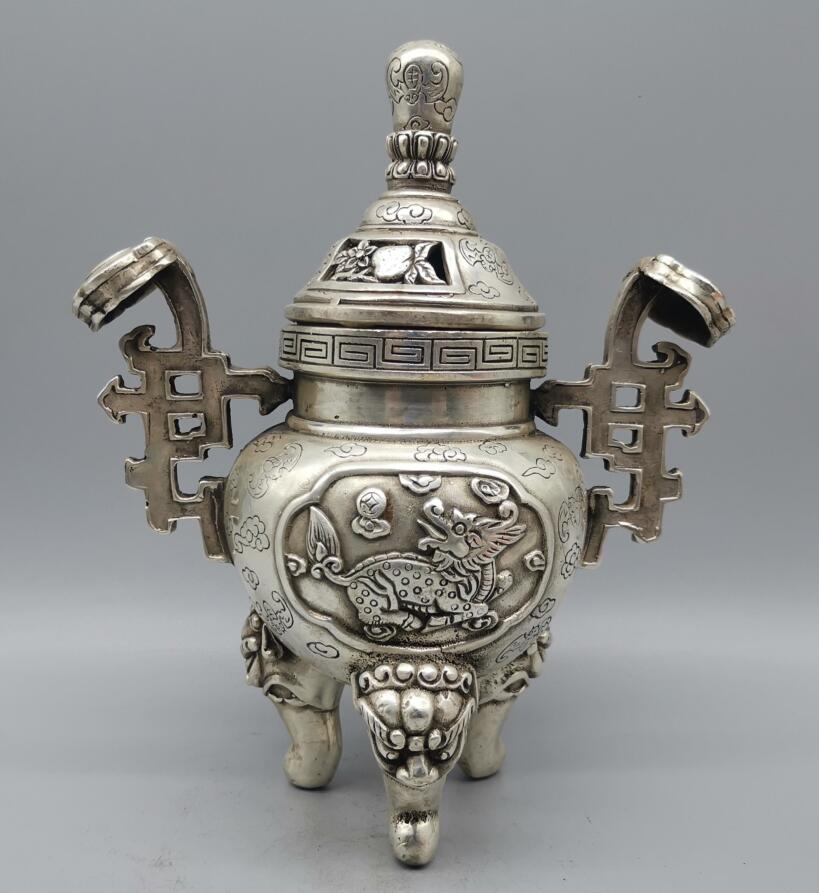 China archaize White copper Kirin Incense burner crafts statue