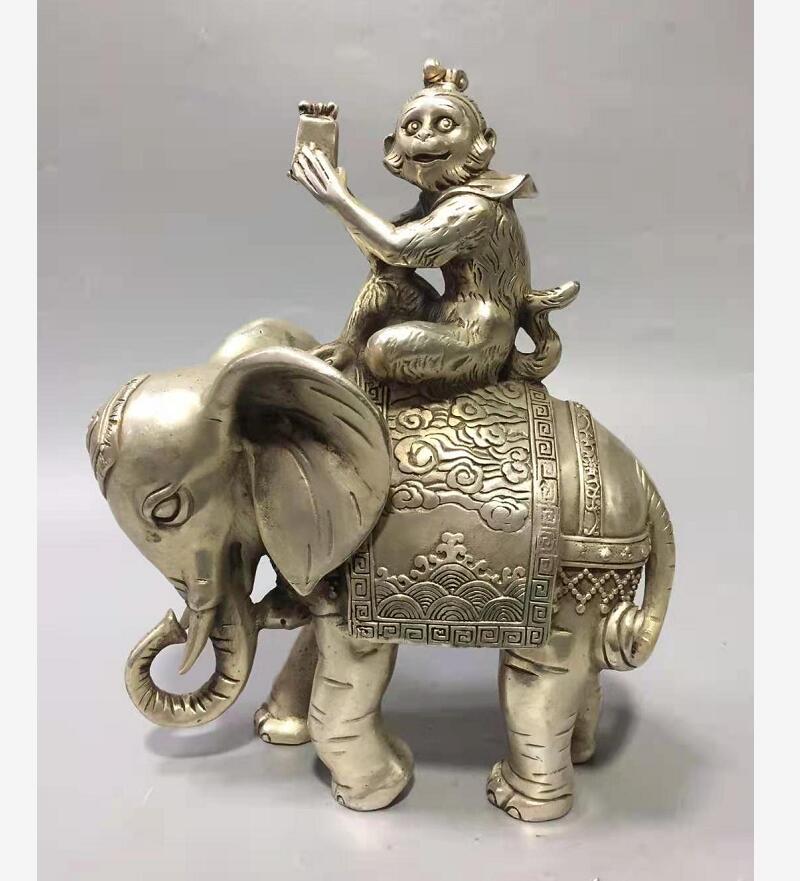 Chinese White copper monkey Sit elephant crafts statue