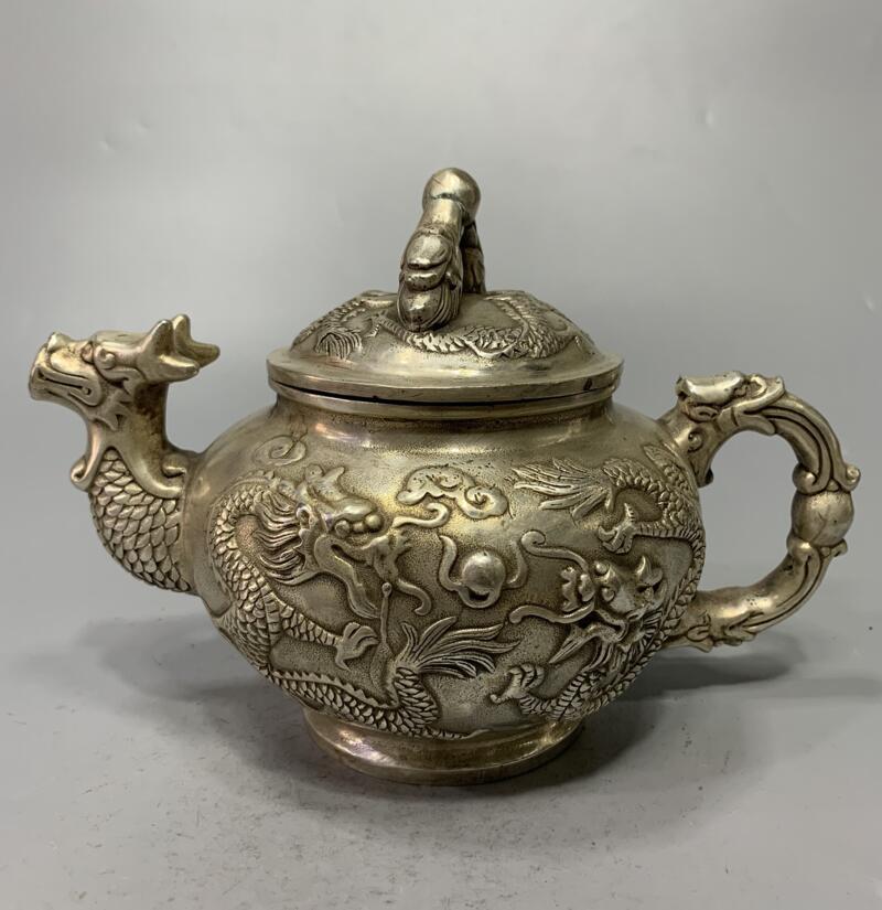 China White copper archaize double dragon teapot crafts statue