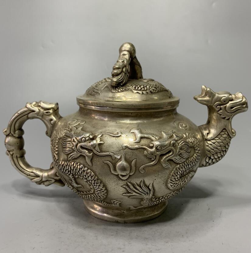 China White copper archaize double dragon teapot crafts statue