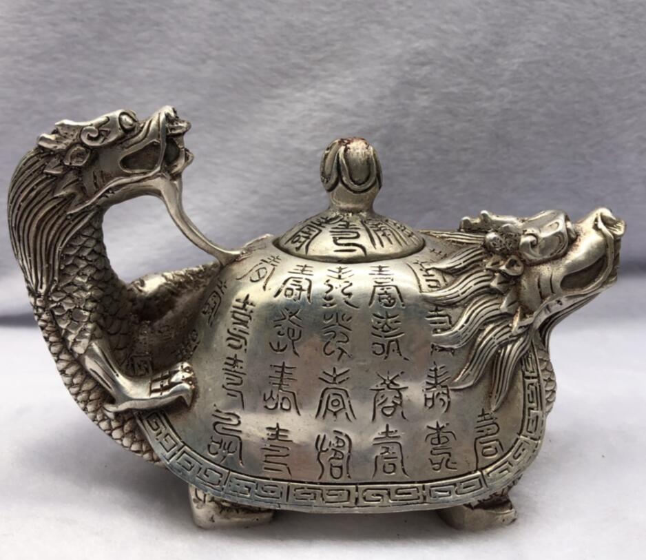 Chinese White copper dragon turtle teapot crafts statue