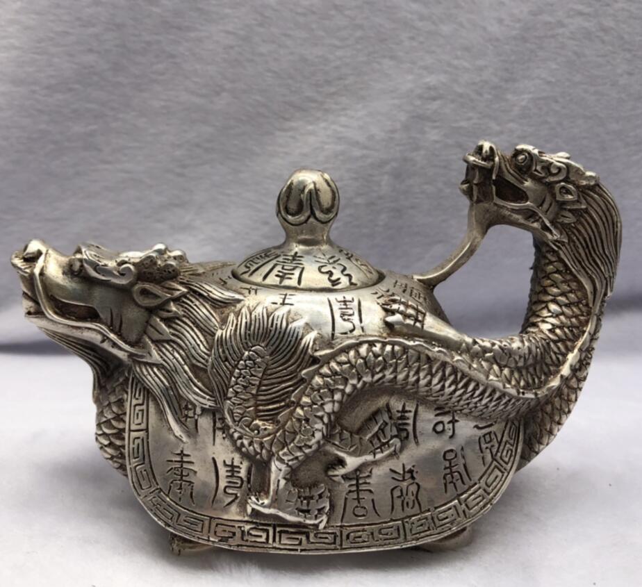 Chinese White copper dragon turtle teapot crafts statue