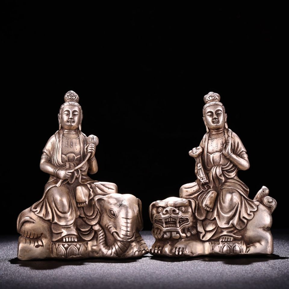 China White copper Manjusri Guanyin and Samantabhadra Guanyin Home Decor crafts statue