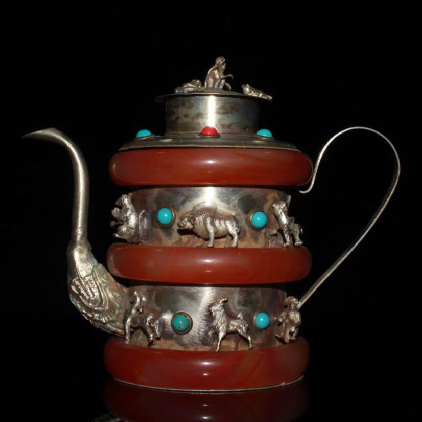 China red jade handwork inlay White copper Zodiac teapot crafts statue