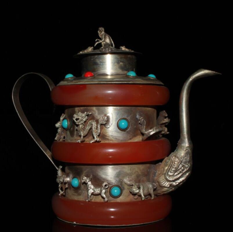 China red jade handwork inlay White copper Zodiac teapot crafts statue