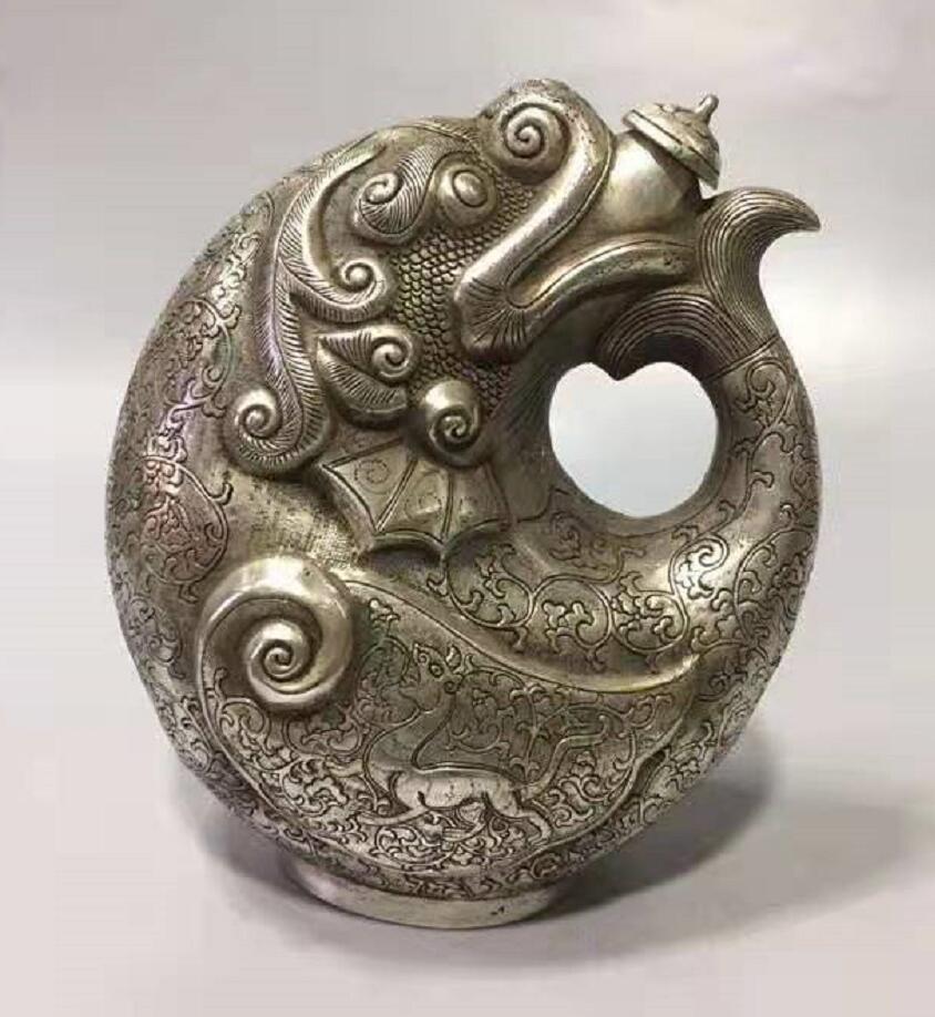 Chinese White copper dragon head fish teapot crafts statue