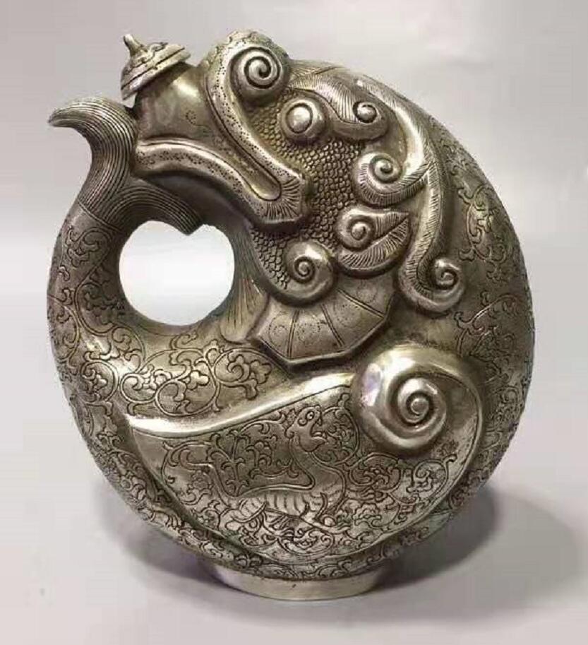 Chinese White copper dragon head fish teapot crafts statue