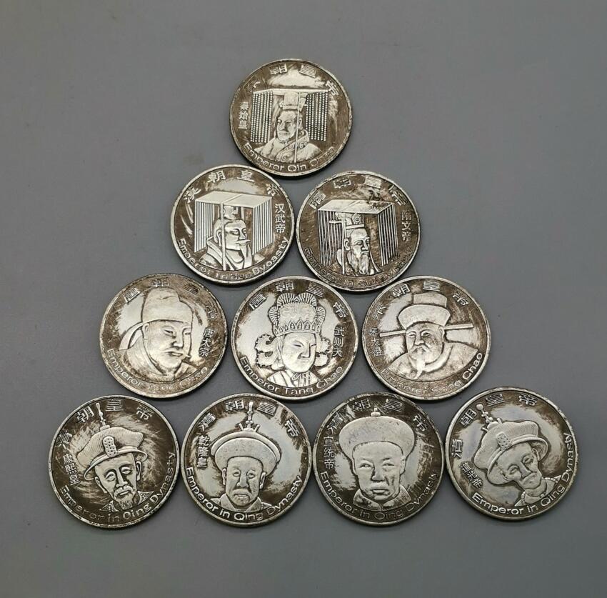 China White copper archaize Ten emperors Commemorative coins crafts statue A set