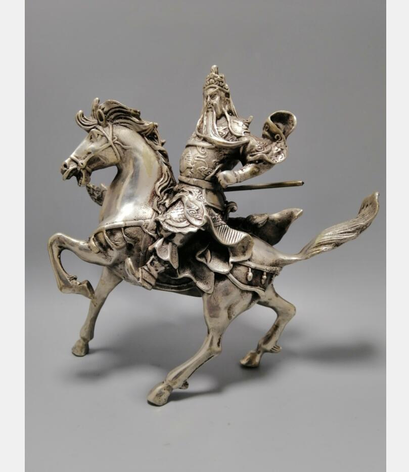 Chinese White copper Riding horse duke guan crafts statue